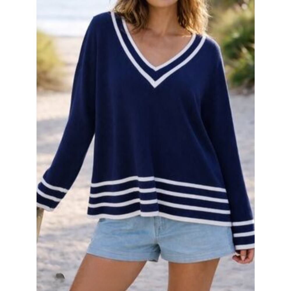NWT Michael Kors Womens XL Navy Blue Varsity Stripe V Neck Knit Pullover Sweater